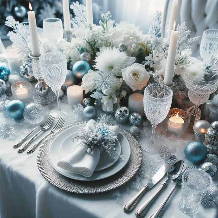 a table set for christmas with silver and white decorations