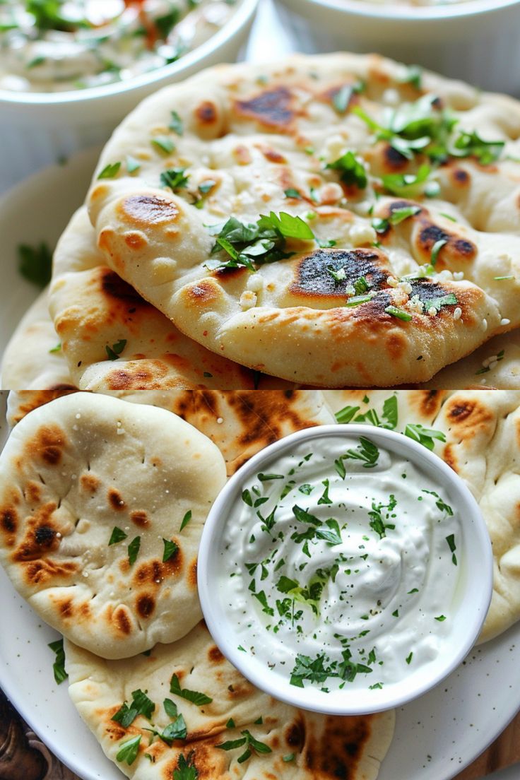 several pita breads on a plate with dip