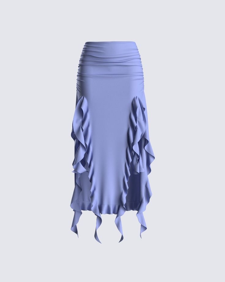 You're not just walking, you're making an entrance – and this blue ruffle maxi skirt is your secret weapon 😏 Blow them away with this look made from a stretchy jersey fabric, and complete with ruffle and ruching details, high leg slits, elastic waistband, and a pull-over style 💙 Ruched Flowy Skirt For Party, Summer Stretch Maxi Skirt With Ruched Detail, Party Maxi Skirt With Ruffle Hem, Ruched Fitted Draped Maxi Skirt, Fitted Ruched Draped Maxi Skirt, Spring Ruched Draped Skirt, Ruched Draped Skirt For Spring, Long Skirt With Ruched Sides For Spring, Summer Party Maxi Skirt In Elastane