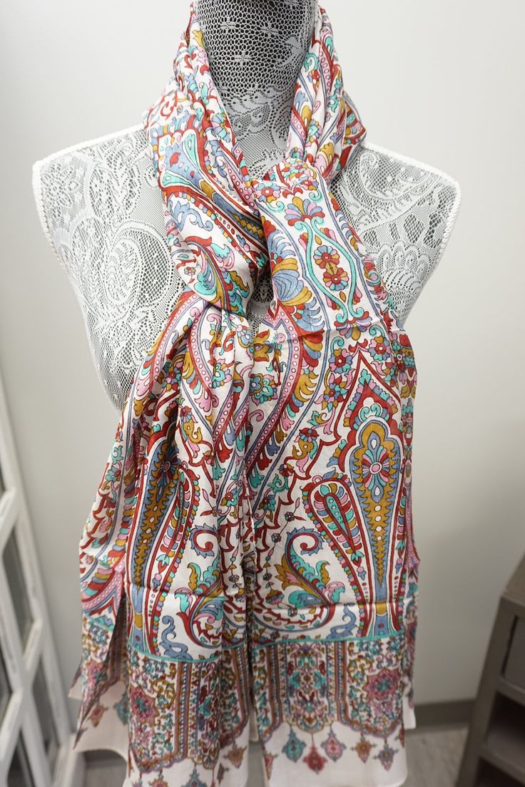 In a signature diaphanous floral print, this super soft Silk Scarf brings easy elegance to anything you wear it with. Big enough to wear as a wrap but fine enough to gather up and wear as a scarf. This tissue-weight scarf is made from a super soft silk blend in a variety of prints. One of a kind, unique individual piece. ** 72”x36” ** Hand Made ** 100% Silk ** Dry Clean only Product Type Premium Silk Scarves Overall 72"x36" Overall Product Weight 0.2 lbs Materials Silk Material Detail 100% Silk Floral Print Shawl Scarf One Size, One Size Floral Print Shawl Scarf, Chic Spring Wrap Shawl, Bohemian Scarves With Floral Print, One Size, One Size Bohemian Scarves With Floral Print, One Size Bohemian Scarf With Floral Print, Floral Print Shawl Scarf, Bohemian One-size Floral Print Scarves, Bohemian One Size Floral Print Scarves