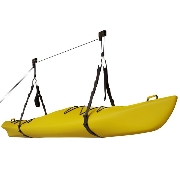 a yellow kayak with two ropes attached to the front and back ends is suspended on a white background