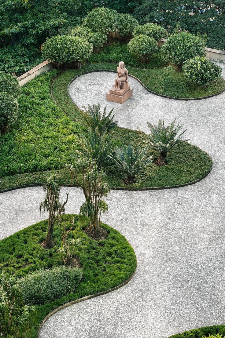 an aerial view of a garden with trees and shrubs