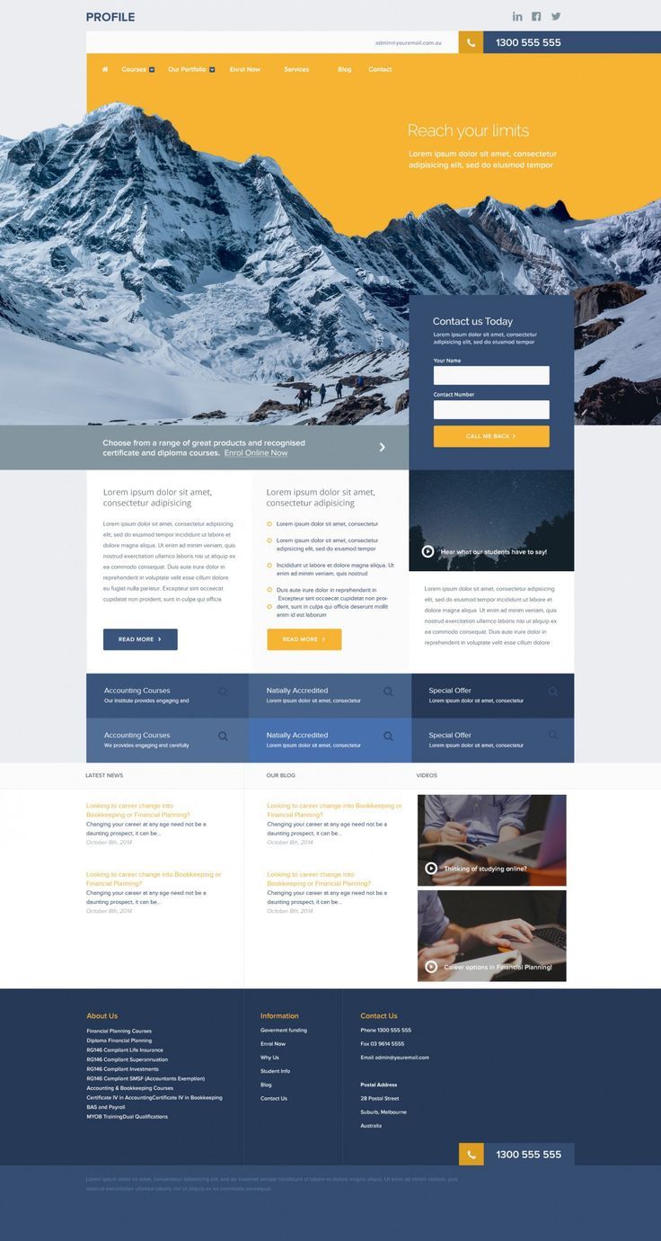 an image of a web page with mountains in the background and blue, yellow and white colors