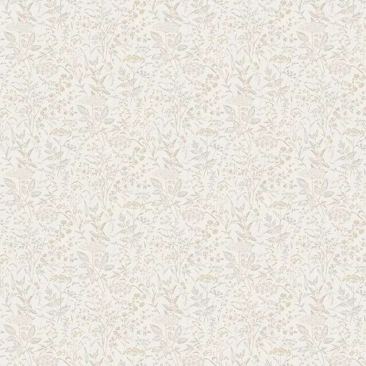 a white and gold wallpaper with small leaves on the bottom, in an ornate pattern