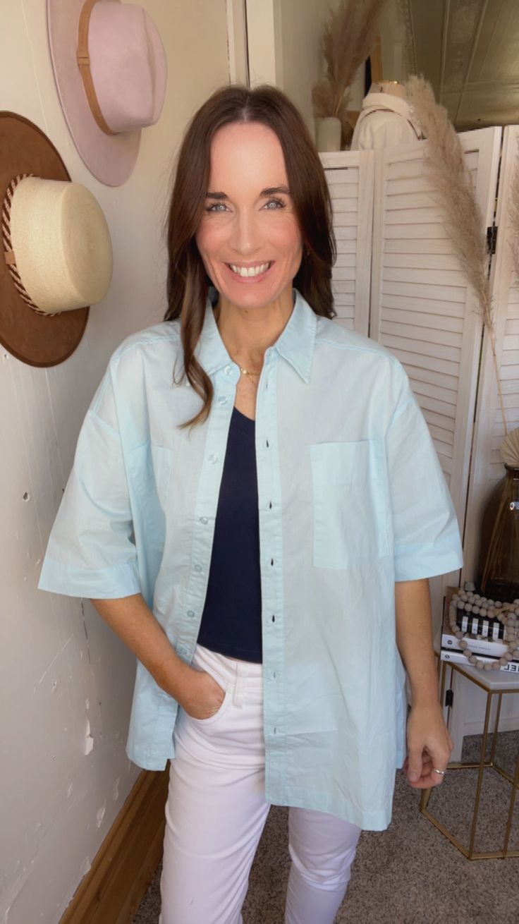 Riley's Button Up Shirt - Backwards Boutique Button Down Shirt Women, Summer Concert, Denim Shoes, Dress Jewelry, Workwear Dress, Powder Blue, Summer Shorts, Button Up Shirt, Summer Days