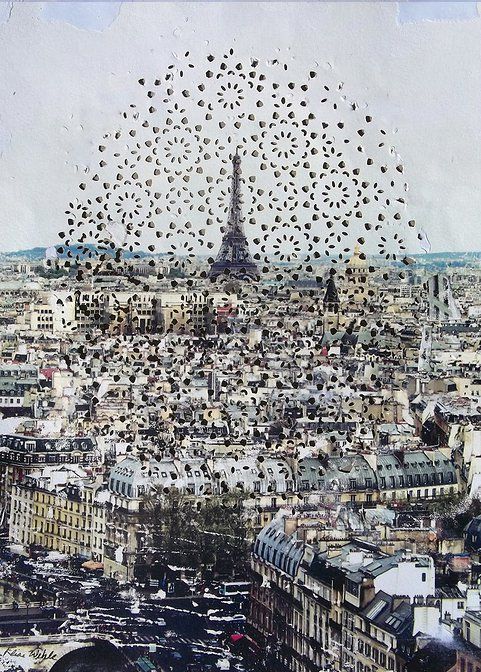 an aerial view of the eiffel tower with hundreds of birds flying over it