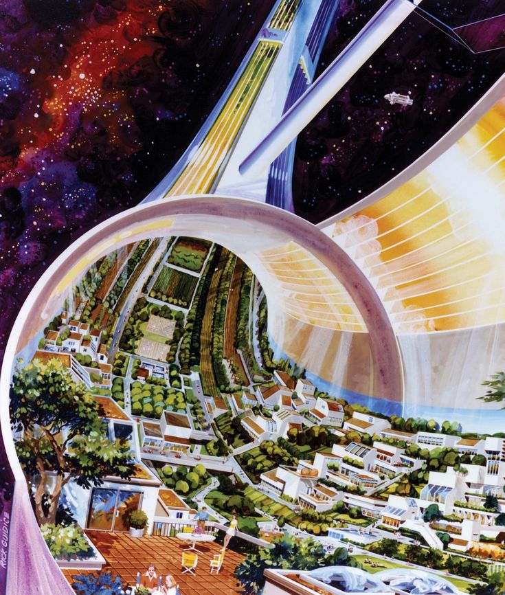 an artist's rendering of a futuristic city surrounded by stars and planets in the sky