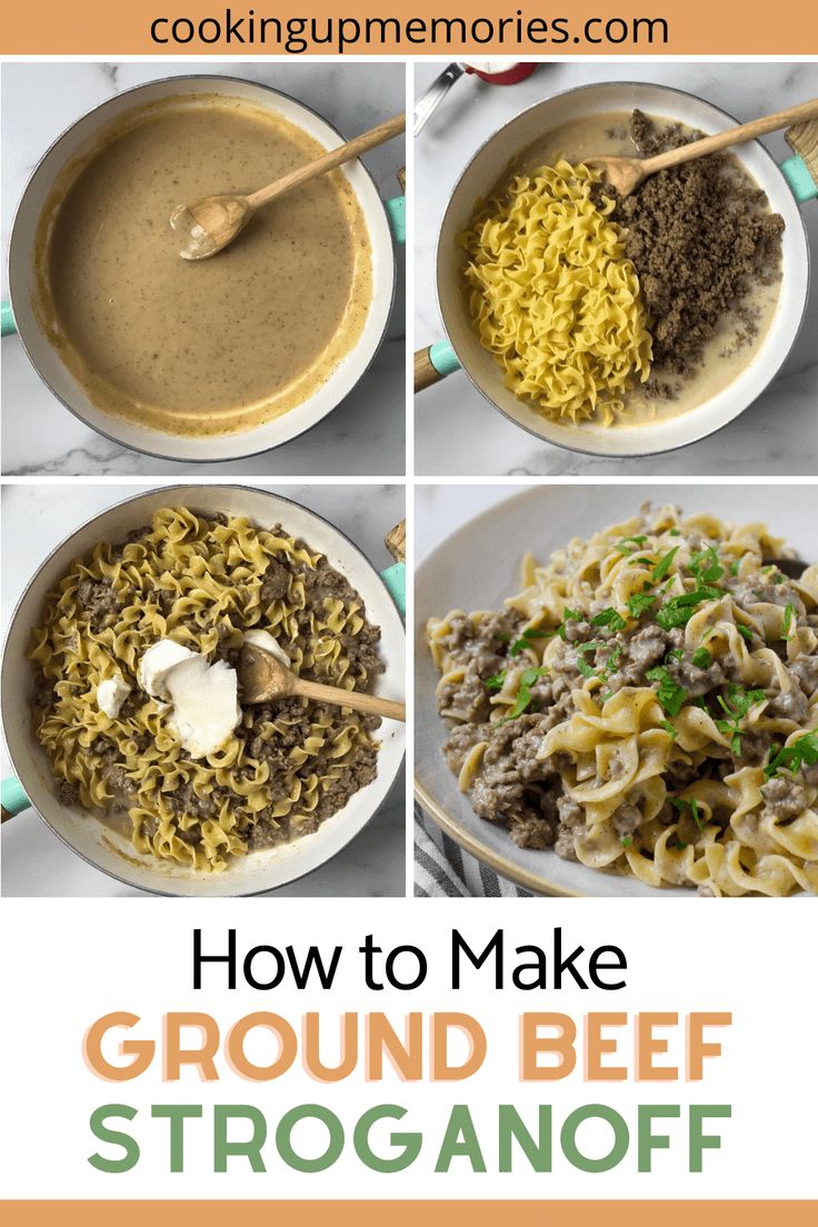 the steps to make ground beef stroganoni soup in four different pans