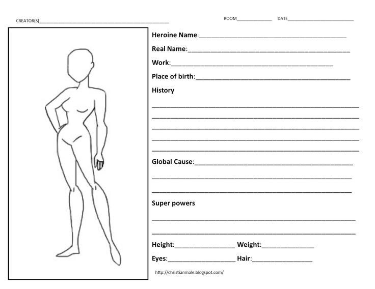 an outline drawing of a female mannequin with the name and description below it