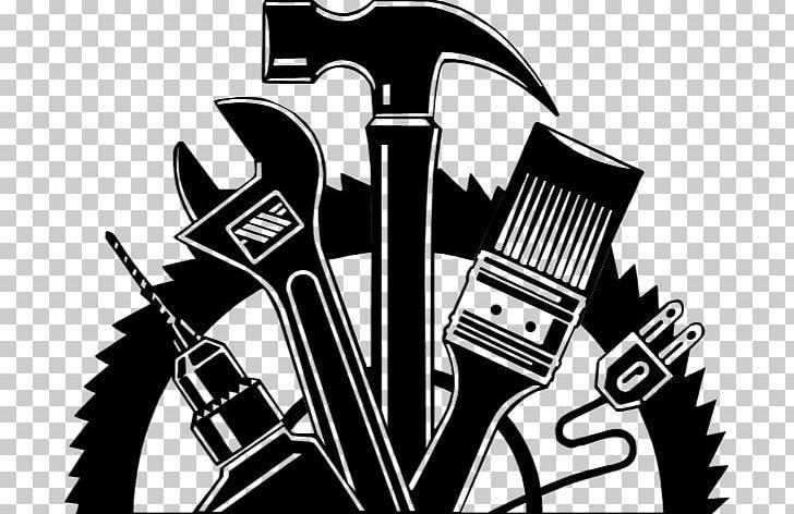 a black and white logo with tools in the center, including hammers, wrench,