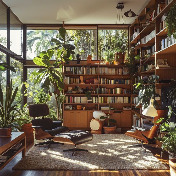 a living room filled with furniture and lots of plants on the shelves in front of it