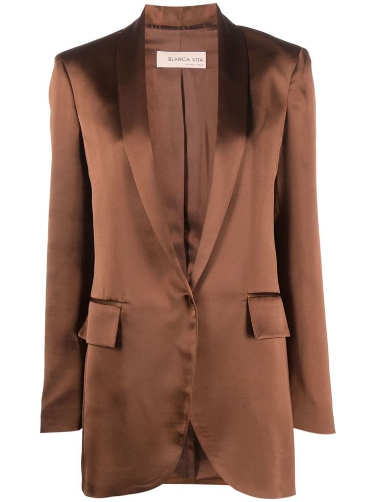 chocolate brown satin finish shawl lapels open front long sleeves two front flap pockets central rear vent Satin Blazer, Brown Satin, Velvet Blazer, Long Sleeve Blazers, Black Blazers, Blazers For Women, Outerwear Women, Chocolate Brown, Satin Finish