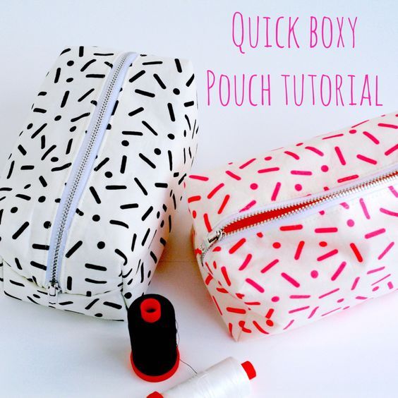 the sewing kit is next to it's bag and thread on the table with text that says quick boxy pouch tutor