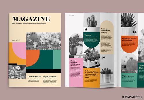 an open magazine is shown with different colors and shapes on the pages, as well as plants