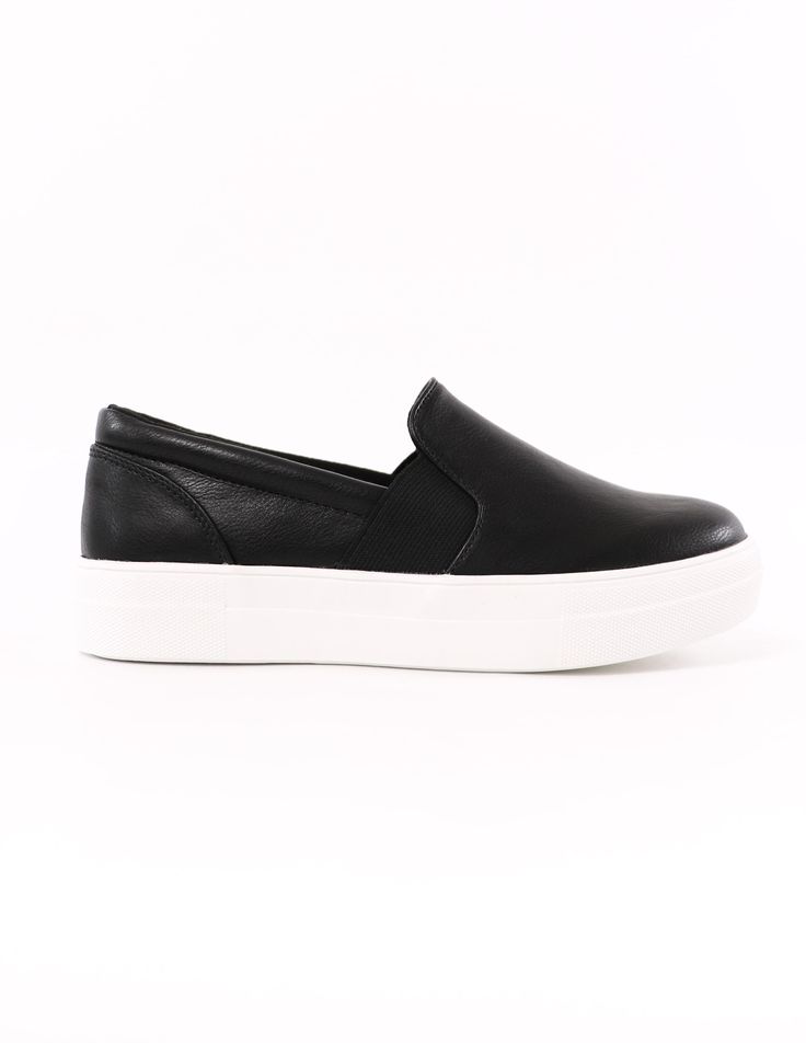 back of the black kickin' it sole-o slip on sneaker - elle bleu shoes Synthetic Slip-on Sneakers With Cushioned Footbed And White Sole, Slip-on Sneakers With White Sole And Thick Bottom, Sporty Slip-on Sneakers With Thick Bottom, Synthetic Slip-ons With White Sole For Streetwear, Sporty Slip-ons With White Sole For Streetwear, Slip-on Sneakers With Thick Sole, Trendy Thick Bottom Slip-on Sneakers, Sporty Round Toe Slip-ons For Streetwear, Slip-on Sneakers With Thick Bottom