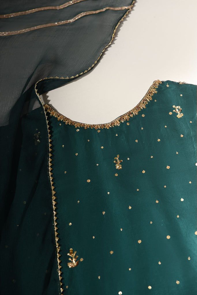 Semi-stitched Green Chinon Unstitched Suit, Gold Raw Silk Unstitched Suit With Dabka, Gold Organza Kurta With Zari Work, Gold Organza Anarkali Set With Dabka Work, Gold Organza Dupatta With Dabka Detail, Green Traditional Wear With Dabka For Party, Gold Unstitched Dabka Suit In Raw Silk, Green Dabka Traditional Wear For Party, Gold Anarkali Salwar Kameez In Organza