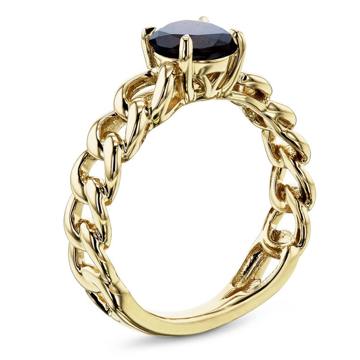 A gleaming centerpiece of your favorite gemstone is set with exquisite artisanal mastery on this unique yet simple ring. Chain links wrap the band of this 14-karat yellow gold ring with a sturdy 6mm round gemstone to top it off. The solitaire design focuses attention to the single mid-sized gemstone while the creative design along the band brings a playful flair for a ring that is truly unique to its wearer. Garnet is a birthstone for the month of January. The orangey red gemstone brings harmony Gold Chain Ring, Ring Chain, Simple Ring, Red Gemstones, Chain Links, Emotional Balance, Stone Gold, Garnet Rings, Rings Simple