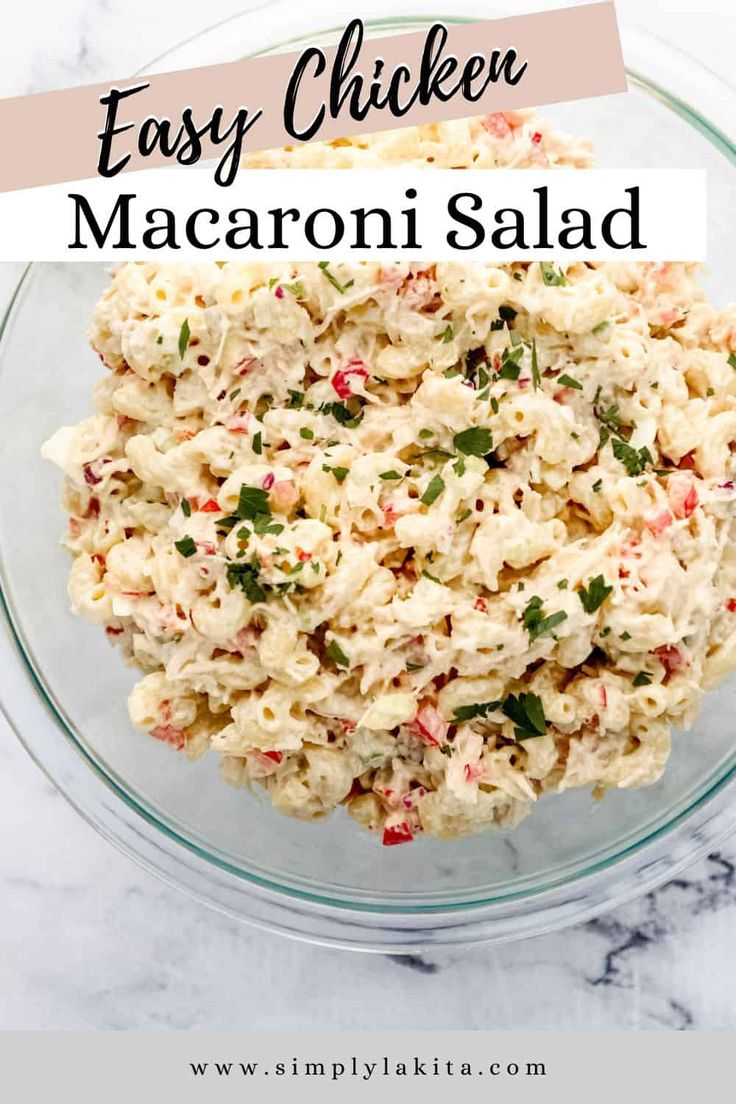 macaroni salad in a glass bowl with the title overlay