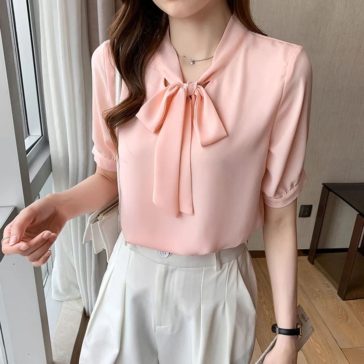 Shipping: Worldwide Express Shipping AvailableDelivery time: 🚚7-15Days Fast ShippingReturns: Fast refund,💯100% Money Back Guarantee.SPECIFICATIONSBrand Name: BONJEANStyle: CasualElasticity: Non StrechOrigin: Mainland ChinaCN: GuangdongSeason: SummerFabric Type: ChiffonMaterial: AcetateMaterial: AcrylicPattern Type: SolidFit Type: Regulai FitAge: MIDDLE AGEThickness: MidweightClothing Length: RegularDecoration: BOWShirts Type: Casual ShirtsDress Patterns: PulloverFabric content: 51% (inclusive) Feminine Chiffon Top For Work, White Chiffon Top For Workwear, White Chiffon Top For Work, Summer Formal Chiffon Tops, Pink V-neck Chiffon Top, White Spring Tops For Office Style, Pink Chiffon Top For Workwear, Chiffon Office Tops, Solid Chiffon Short Sleeve Top