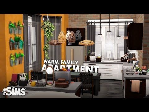 an animated image of a kitchen and dining room with the words, warm family apartment