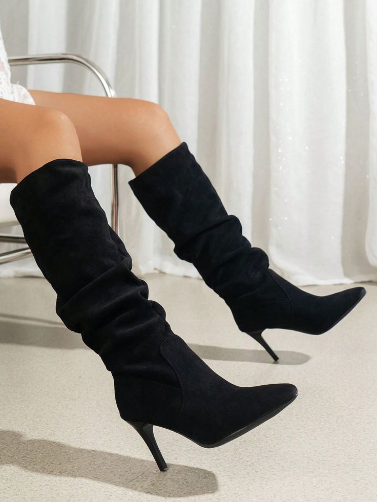 Women's Pleated Pointed Toe High Heel Boots, Elegant Black Faux Suede Casual Winter Boots Black         Women Shoes, size features are:Bust: ,Length: ,Sleeve Length: Casual Winter Boots, Heel Boots For Women, Thigh High Heels, Thigh High Boots Heels, Pointed Toe Boots, Boots Women Fashion, Womens Knee High Boots, Dress Inspiration, Winter Boots Women