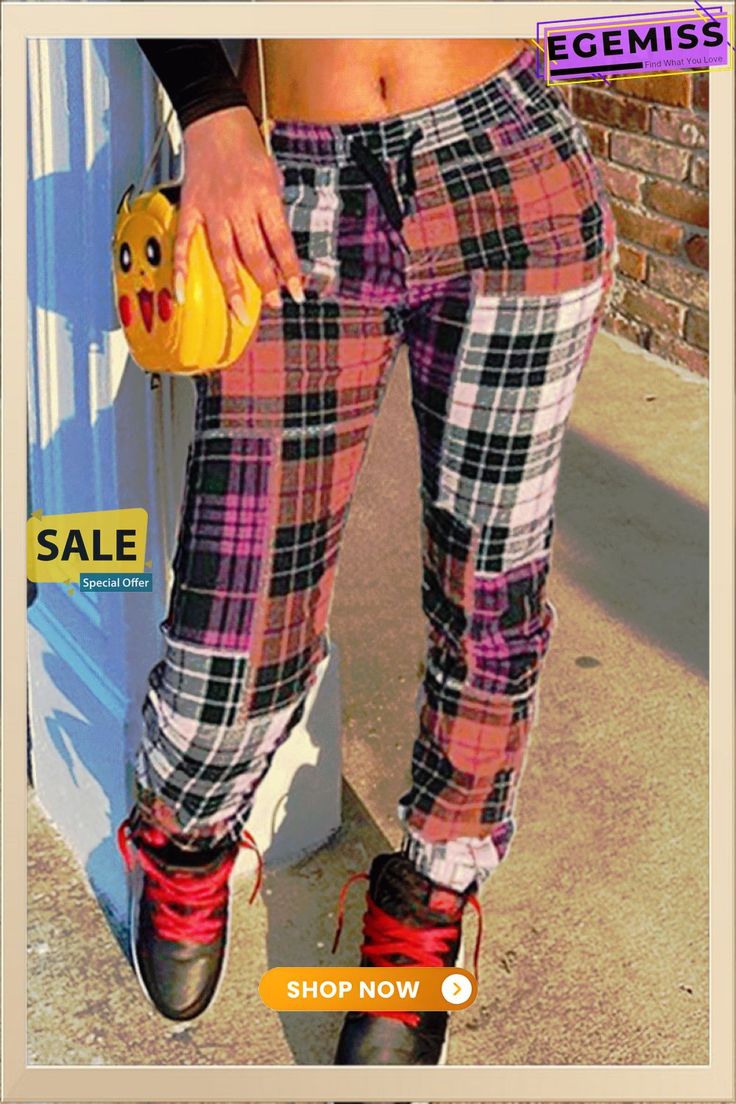 Purple Fashion Casual Regular Plaid Print Trousers Trendy Non-stretch Plaid Bottoms, Trendy Pink Patchwork Pants, Trendy Patchwork Pants For Fall, Casual Pink Patchwork Bottoms, Trendy Patchwork Pants For Spring, Chic Patchwork Bottoms For Fall, Trendy Stretch Patchwork Bottoms, Plaid Bottoms For Fall Streetwear, Casual Non-stretch Patchwork Pants