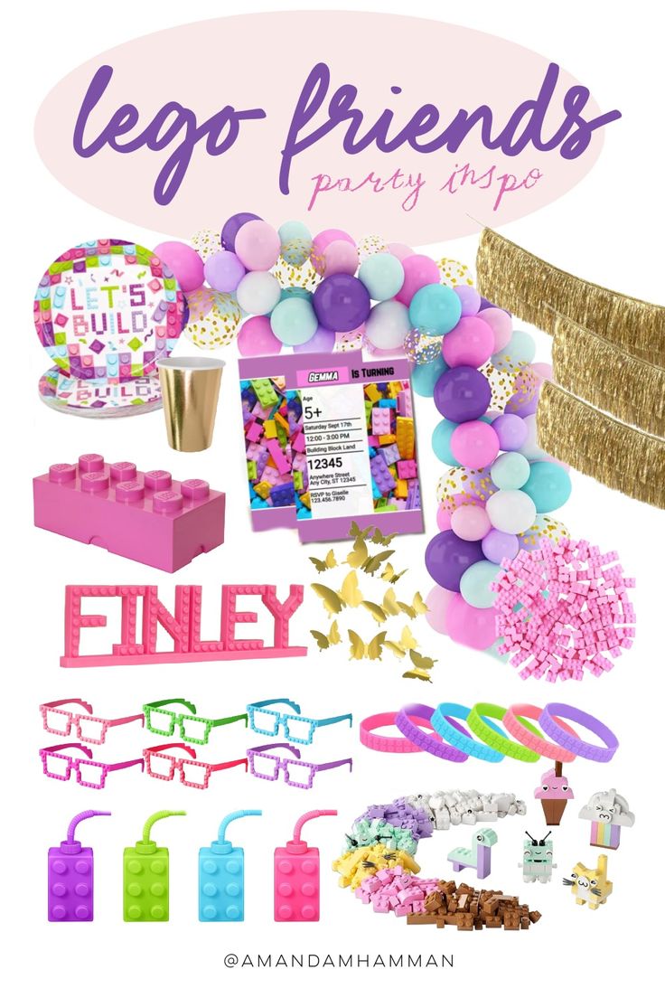 lego friends party supplies including balloons, confetti, and other decorations for a girls'birthday