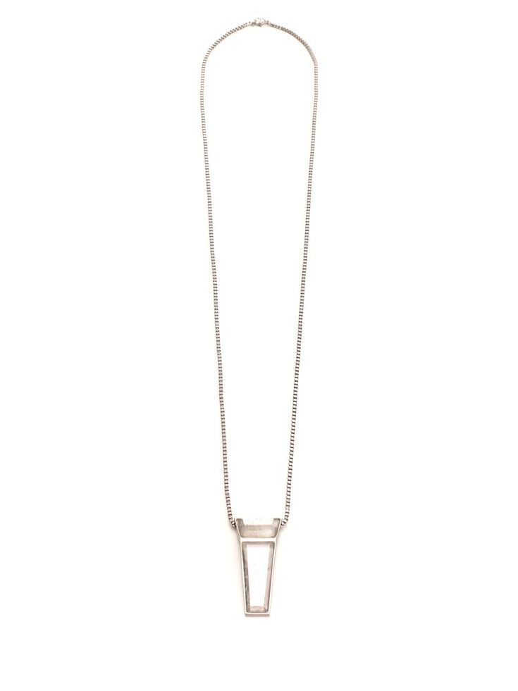 Long necklace with rock crystal pendant from Rick Owens. Modern Metal Necklace With Rectangular Pendant, Modern Necklace With Rectangular Pendant And Box Chain, Modern Jewelry With Large Square Pendant, Modern Box Chain Pendant Necklace, Modern Pendant Necklace With Box Chain, Modern Necklace With Silver Chain And Rectangular Pendant, Modern Sterling Silver Necklace With Detachable Pendant, Modern Jewelry With Large Rectangular Pendant, Modern Silver Chain Pendant Necklace