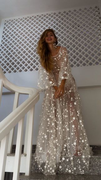 Fairytale Ethereal Dream Elegant Modern Long Sleeve Wedding Dress with Stars – Boom Blush Wedding Dress With Stars, Dress With Stars, Bohemian Gown, Brittany Snow, Glow Stars, Counting Stars, Celestial Wedding, Taylor Swift Outfits, Dream Dresses