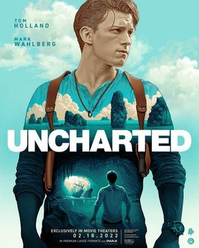 the movie poster for uncharted with a man standing in front of a blue sky