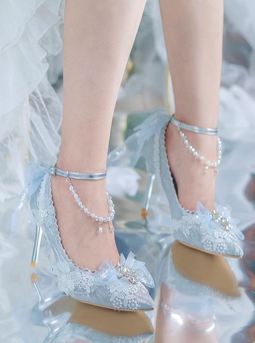 Fairy Tale Shoes, Princess Ball Shoes, White Fairy Shoes, Sky Blue Accessories, Light Blue Heels Aesthetic, Blue Pointed Toe Wedding Shoes, Elegant Light Blue Wedding Shoes For Formal Occasion, Elegant Light Blue Party Heels, Light Blue Round Toe Wedding Shoes