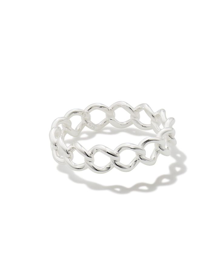 Say hi to this shiny new stunner: the Grace Band Ring in Sterling Silver. Featuring woven links crafted with elevated materials for long-lasting wear, this one is an easy addition to your everyday ring rotation. Metal Sterling Silver Why Sterling Silver? Our Sterling Silver collection features elevated styles to wear time and time again. With a base of both pure silver and copper, Sterling Silver provides a precious yet affordable option that offers long-lasting wear and shine and is the perfect Kendra Scott Silver Jewelry, Modern Stackable Chain Ring, Silver Chain Ring For Everyday Wear, Kendra Scott Rings, Silver Kendra Scott, Kendra Scott Silver, Jewelry Wishlist, Everyday Ring, Silver Collection