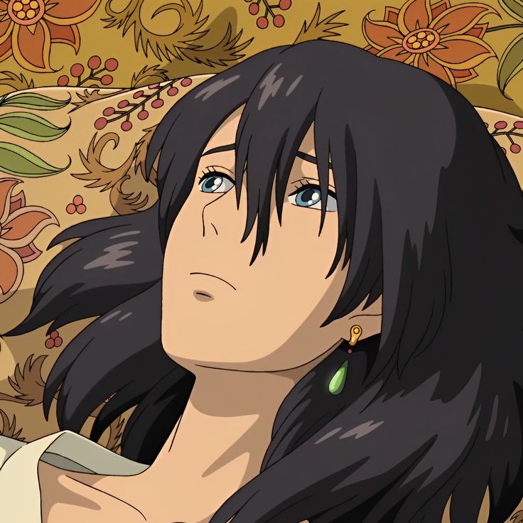 an anime character with long black hair and blue eyes