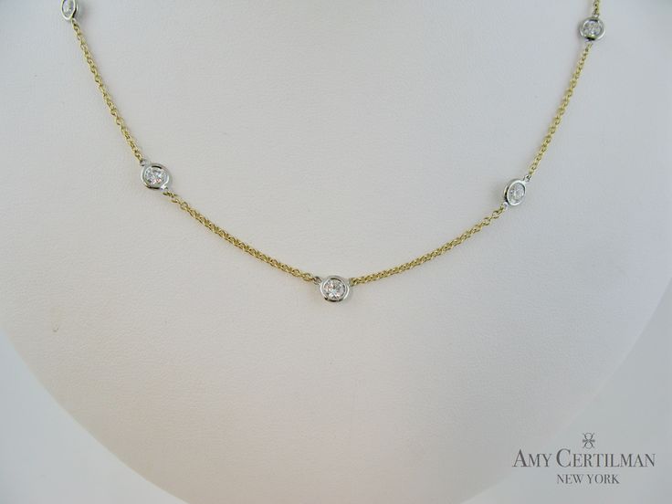 Top Quality Bezel Set Diamond 5 Stone Station Necklace. 1CTW shown using G-VS lab created cultured diamonds with 16" 14K white gold bezels on a 14K yellow gold chain. Can be made with minded or lab diamonds. 14K or 18K gold. 2-4weeks delivery. made in NYC Gold Station Necklace With Single Cut Diamonds For Anniversary, Yellow Gold Station Necklace With Diamond Accents For Anniversary, Yellow Gold Station Necklace With Bezel Setting, Yellow Gold Diamond Station Necklace With Brilliant Cut, Anniversary Round Station Necklace With Single Cut Diamonds, Diamond Bezel Setting White Gold Station Necklace, Diamond Station Necklace With Bezel Setting For Gift, White Gold Station Necklace With Diamond Accents For Anniversary, White Gold Diamond Station Necklace With Bezel Setting