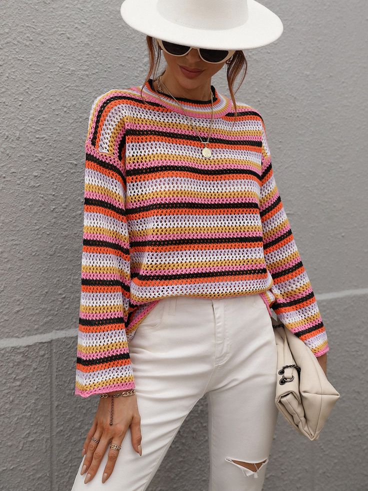 Our Lallie Top comes in an orange tone base, with a multicoloured stripe pattern. It features a crew neckline and a long straight sleeves for a relaxed, comfortable fit. This cute knit is perfect for layering during the fall months ahead! Size Guide: Tina is 5’2” tall, and has a 33.2” bust, 24.5”waist, & 36.7” hips. She is wearing a S / US 4 / AU 8. This knit top is true to size. Feature: Crochet net detail, Relaxed fit, Stripe print, Maternity friendly. Material: 100% acrylic Care Instructions: Knit Crew Neck Sweater With Horizontal Stripes, Knit Sweater With Horizontal Stripes And Crew Neck, Striped Crew Neck Sweater For Spring, Trendy Striped Crew Neck Sweater, Casual Striped Knitted Sweater, Spring Horizontal Stripe Long Sleeve Sweater, Multicolor Horizontal Stripe Tops For Spring, Striped Knit Sweater For Spring, Spring Sweater With Horizontal Stripe Pattern