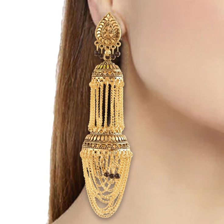 An Earring Style Is Called Jhumkas Is Popular In India And Other South Asian Nations. They Are Often Made of Gold Or Silver Polish And Frequently Feature Embellishments Made Of Pearls Or Gemstones. Jhumkas Frequently Feature A Sizable Pendant In The Form Of A Teardrop That Hangs From The Lobe. Smaller Pendants May Hang From The Bottom Of The Main Pendant & Most Jhumka Are Extremely Striking. * Handmade Jewelry | Handmade Earrings | Handcrafted * Hypoallergenic | Skin-Friendly | Allergic-Free  * Festive Fusion Chandelier Earrings With Latkans, Fusion Style Latkans Chandelier Earrings For Celebration, Festive Chandelier Drop Earrings With Latkans, Gold Jhumkas With Dangling Beads, Festive Gold Jhumkas With Dangling Beads, Festive Fusion Style Dangle Danglers, Festive Fusion Dangle Danglers, Festival Jhumkas With Dangling Beads, Temple Jewelry Style Jhumkas For Party