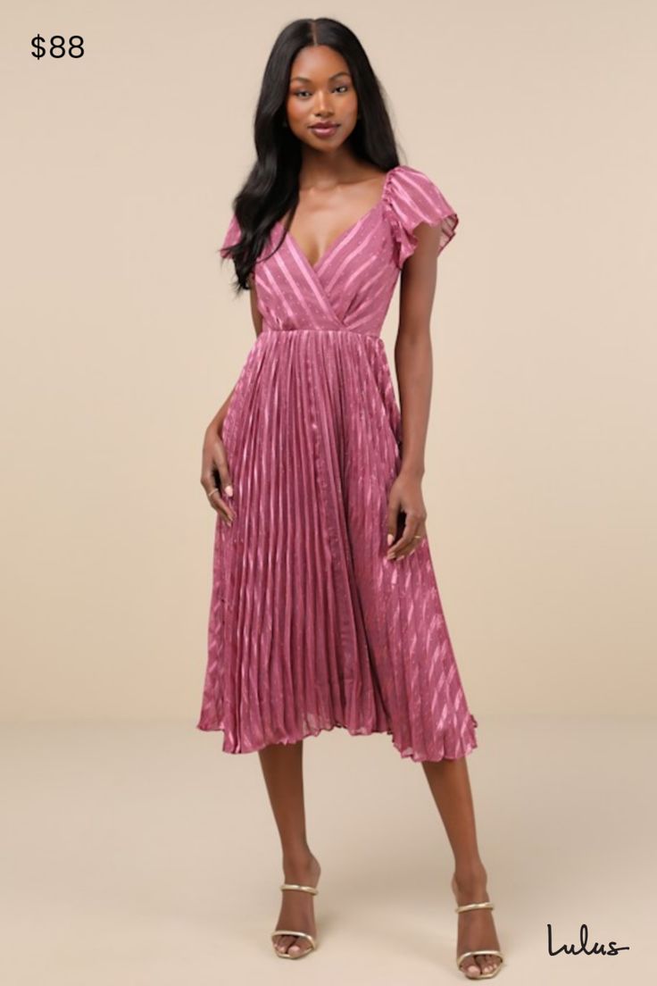 When it comes to event dressing, you'll be a step ahead with chic pieces like the Lulus Standout Sophistication Mauve Lurex Flutter Sleeve Midi Dress! This radiant dress is composed of lightweight woven fabric with a subtle striped burnout design accented by Lurex threading. Short flutter sleeves (with elastic at the shoulders) frame a surplice bodice with a stunning V-back, crossed by a single tie. Skirt has a classic, A-line silhouette and finishes at a midi hem. Hidden zipper/clasp at back. F Lurex Dress, Tie Skirt, Adhesive Bra, Dress A Line, Flutter Sleeve Dress, Midi Dress With Sleeves, Flutter Sleeves, Threading, Large Size Dresses