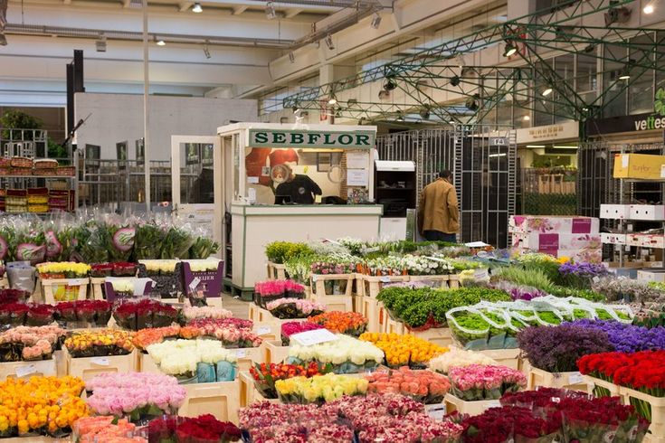 a bunch of flowers that are on display in a store with people looking at them