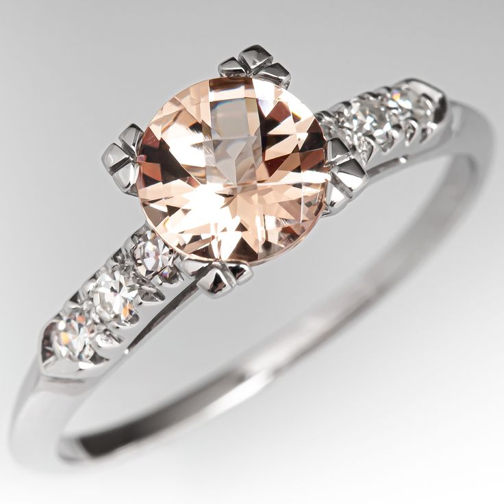 This peachy pink checker top round cut morganite gemstone is set in a 1950's platinum diamond mounting. The ring is currently a size 9.25 and we offer complimentary resizing prior to shipping. Antique Cocktail Ring, Checker Top, Morganite Gemstone, Pink Morganite, Ruby Jewelry, Top Round, July Birthstone, Peachy Pink, 1950s Vintage