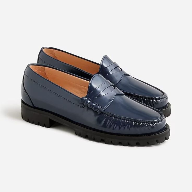 J.Crew Winona Lug- Sole Penny Loafers In Spazzolato Leather Size 8 Color: Dark Evening / Navy Man-Made Outsole Bt893 Retails At $228 Navy Man, Shoe Inspo, Penny Loafer, Walker Boots, Fit N Flare Dress, Penny Loafers, Lug Sole, Boot Sandals, Rain And Snow Boots