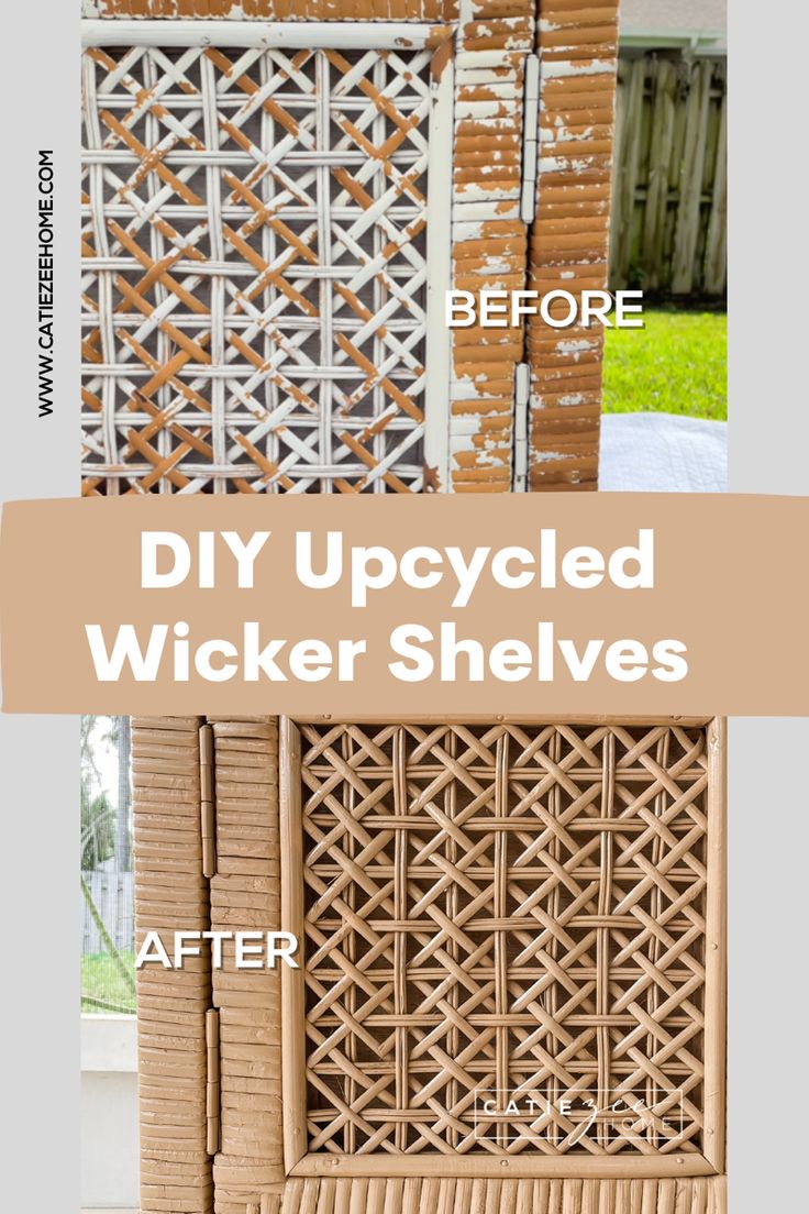 an upcycled wicker shelf with the words, diy upcycled wicker shelves before and after