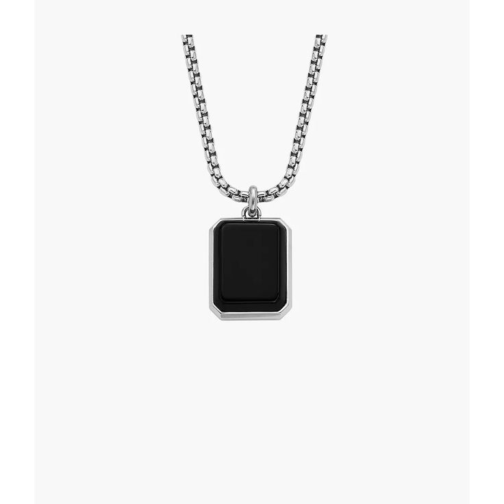 This pendant necklace features black agate, stainless steel and a lobster clasp closure. Black Sterling Silver Necklace, Black Necklace With Adjustable Chain And Rectangular Pendant, Black Stainless Steel Jewelry With Black Enamel, Black Rectangular Pendant Necklace With Box Chain, Black Necklaces With Box Chain And Rectangular Pendant, Black Square Pendant Necklace With Box Chain, Black Box Chain Necklace With Rectangular Pendant, Black Rectangular Jewelry With Adjustable Chain, Modern Black Necklace With Box Chain