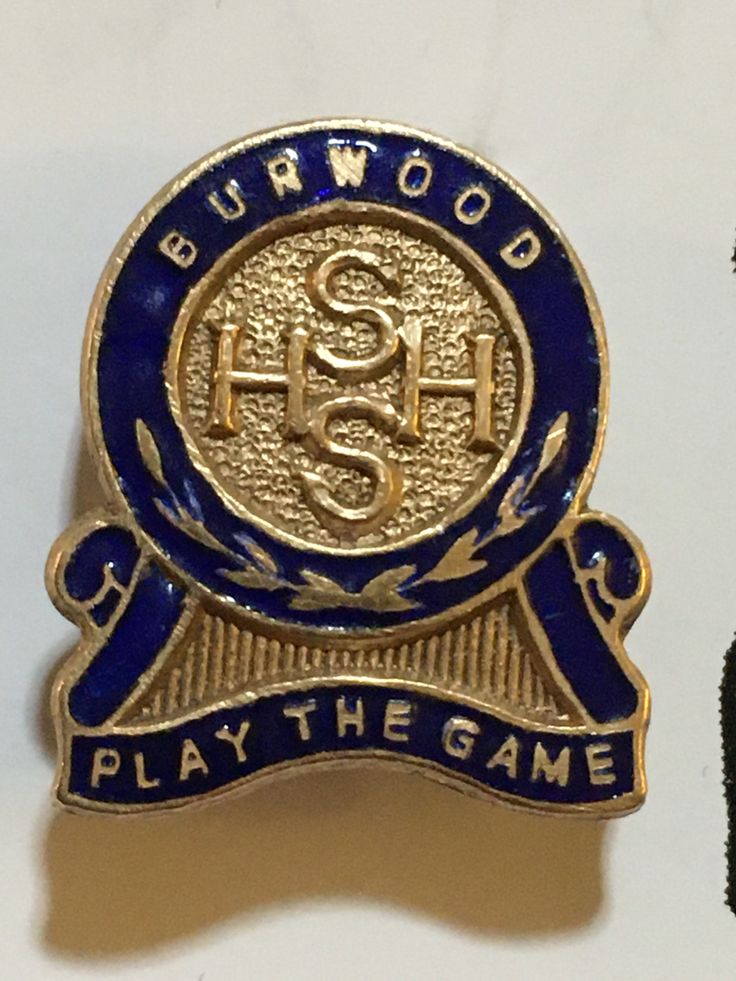 a blue and gold pin with the words burnwood play the game on it's side