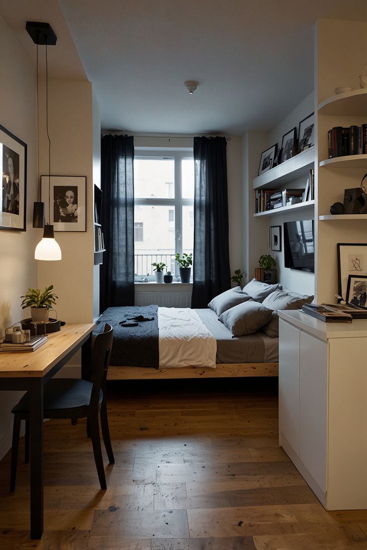 a bedroom with a bed, desk, and shelves in it's center area