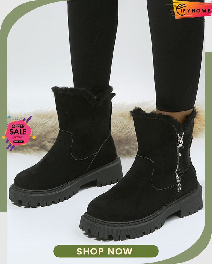 Women's Fleece Warm Chunky Heel Round Toe Ski Boots Trendy Winter Boots With Zipper Closure, Winter Boots With Side Zipper And Round Toe, Casual Winter Boots With Zipper Closure, Trendy Winter Boots For Cold Weather, Winter Ankle Boots With Side Zipper, Trendy Winter Boots With Faux Fur Lining, Ski Boots, Womens Fleece, Black Khakis