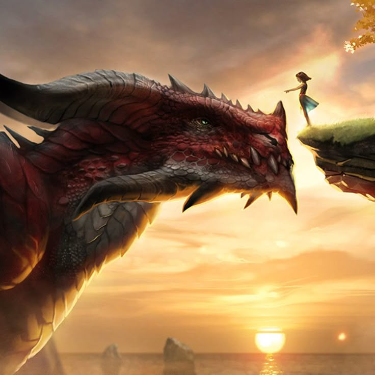 a red dragon is standing on the edge of a cliff and looking at a girl