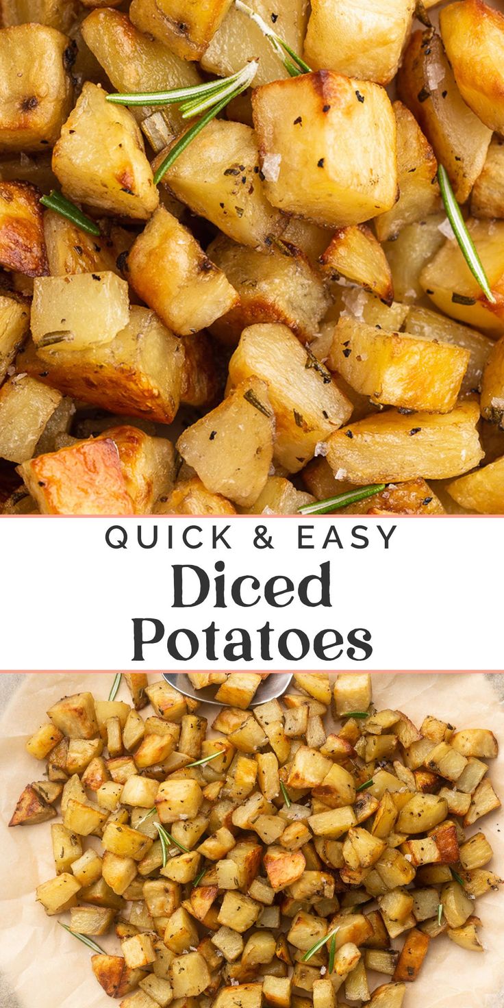 two pictures with different types of potatoes and the words quick & easy diced potatoes