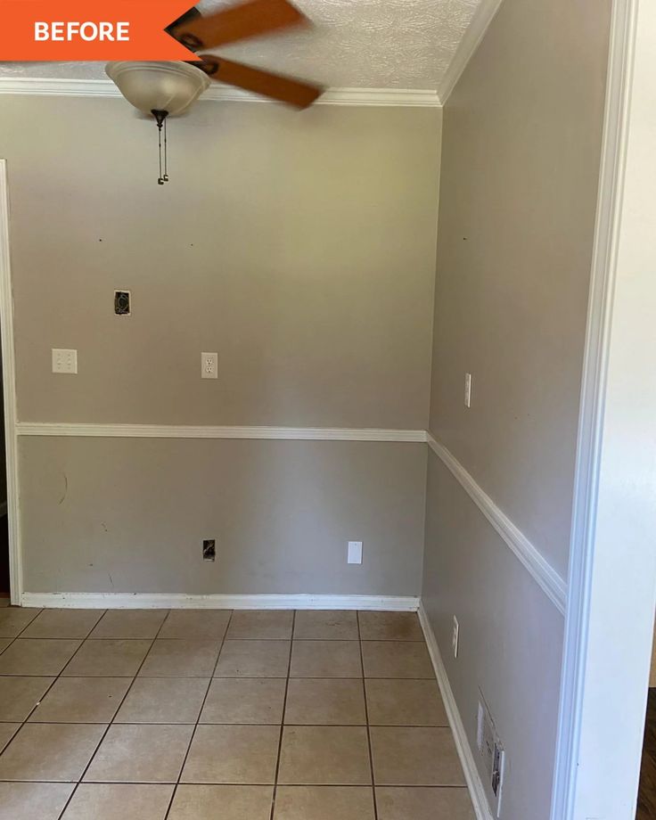 an empty room with tile floor and ceiling fan in the corner, before and after remodeling