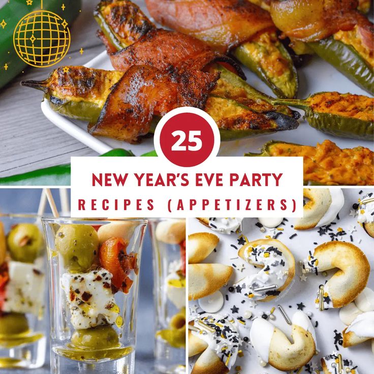 new year's eve party appetizers including chicken, peppers and other foods