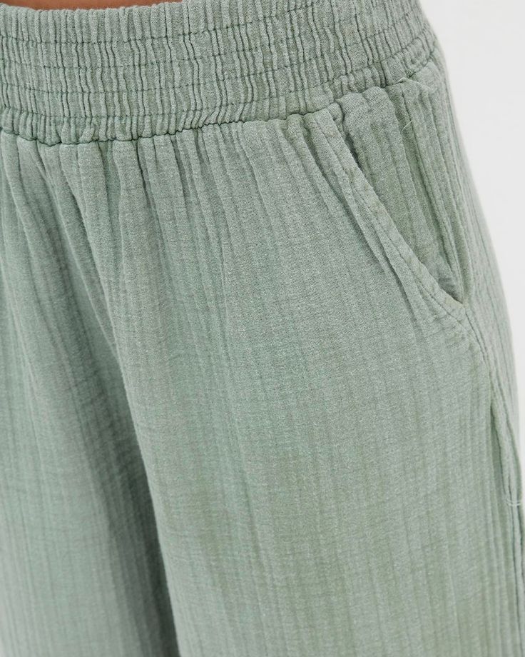 Gauze Pant Green Casual Cotton Bottoms, Casual Pants With Pockets For Relaxation, Casual Straight Pants For Relaxation, Casual Straight Pants Bottoms For Relaxation, Casual Bottoms With Pockets For Relaxation, Straight Leg Bottoms With Elastic Waistband, Relaxed Straight Bottoms With Elastic Waistband, Straight Leg Bottoms With Elastic Waistband For Casual Wear, Straight Leg Bottoms With Elastic Waistband For Relaxation